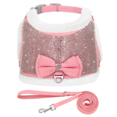 Luxury Rhinestone Dog Fleece Harness and Leash Cute Bowtie Bling Diamante Vest  - Image 1 of 4