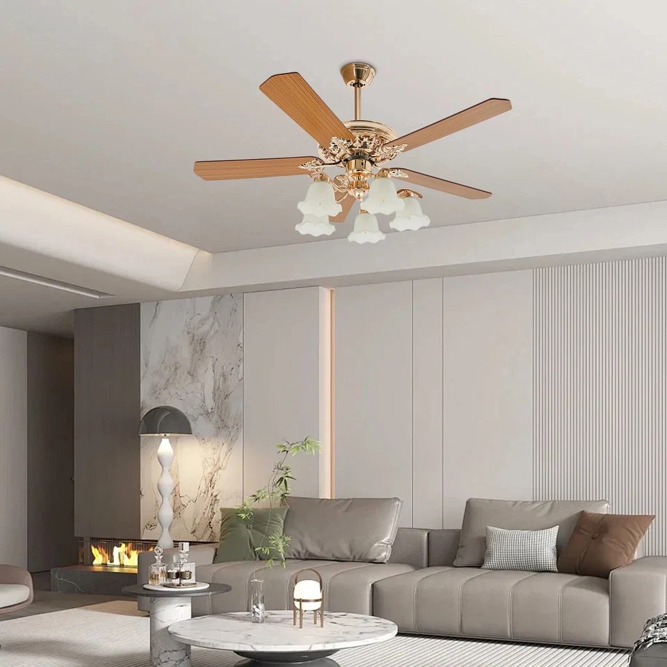 52" Modern Ceiling Fan Light 5 Wood Blades Lamp Chandelier 3 Speeds w/ Remote - Image 1 of 4