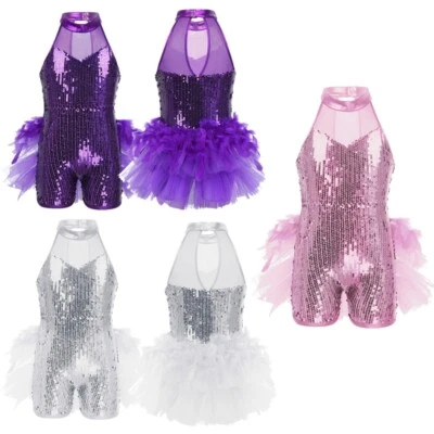 Kids Girls Shiny Sequins Dance Ballet Leotard Bodysuit Jumpsuit Dance Costumes - Image 1 of 4