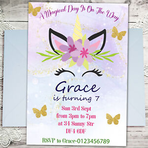 Personalised Unicorn Birthday Party Invitations Girls  Invites A6 x10