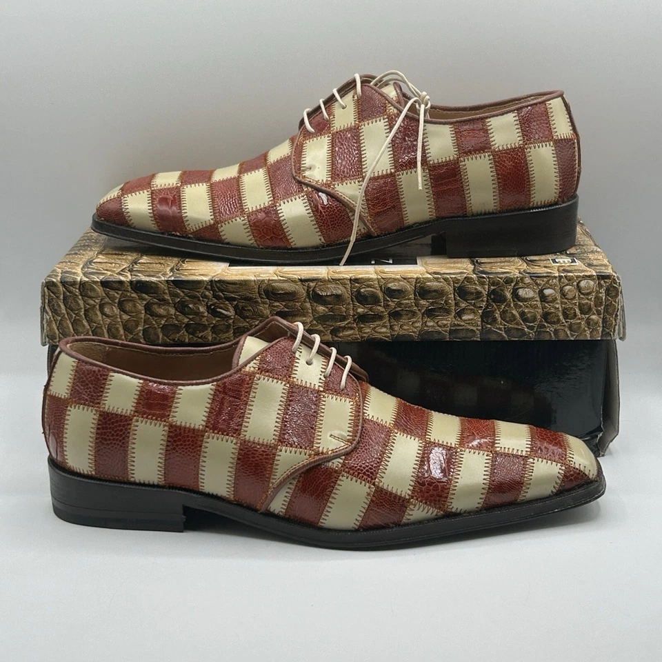 NUEVO Steve Harvey Hombres Pierna de Avestruz y Cuero de pantorrilla Zapatos de Vestir Marrón Blanco Derby Talla 9 Foto 1 de 4