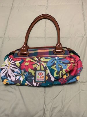 Lily Bloom Purse Tote Shoulder Handbag Tropical Floral Plaid Brown Handles Trim - Image 1 of 4