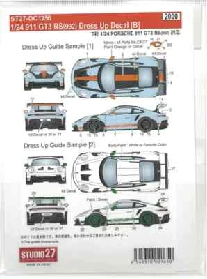 STUDIO27 DECAL 1/24 DC1256 Porsche 911 GT3 RS 992 Dress Up Decal TAMIYA Japan - Image 1 of 3