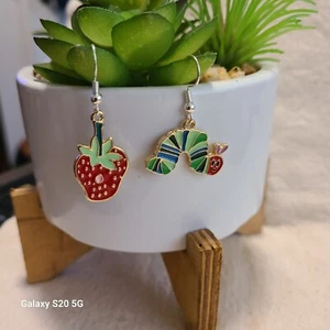 Handcrafted Enamel Strawberry and Caterpillar Dangle Earrings NEW 1" Lobe Area - Picture 1 of 6