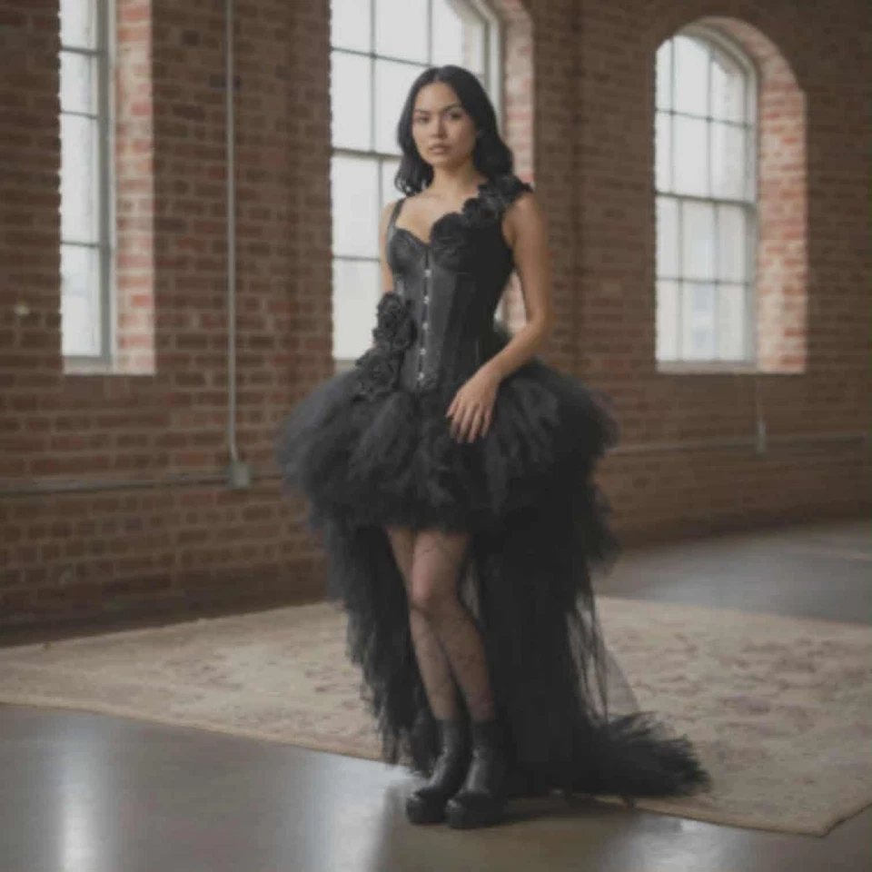 Black High-Low Tulle Skirt | Elastic Waist | Sizes 22–30 | Layered Gothic Style - Image 1 of 1