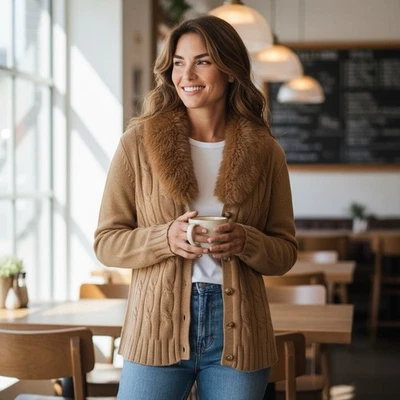 Kenar Women Cashmere Cable Knit Cardigan Sweater Removable Faux Fur Collar L Tan - Image 1 of 4