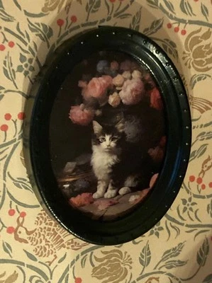 1/12 Dollhouse Miniature Victorian Black And White Cat Portrait In Black Frame - Image 1 of 4