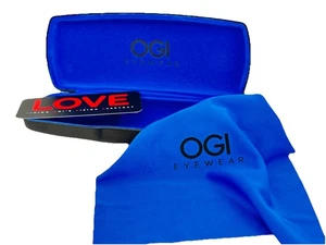 NEW OGI Eyewear Hard Eyeglasses Clamshell Case Spring Hinge Black Blue W/cloth - Picture 1 of 7