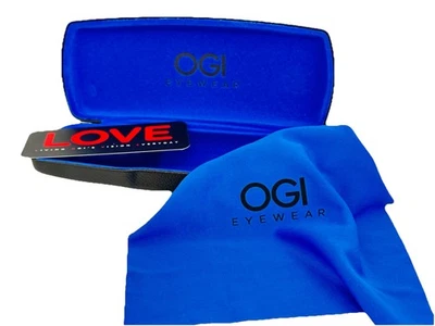 NEW OGI Eyewear Hard Eyeglasses Clamshell Case Spring Hinge Black Blue W/cloth - Image 1 of 4