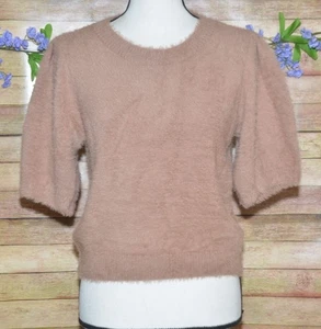 Buddy Love Ladies Brown Half Puff Sleeve Crop Sweater Top Size L Fuzzy Eyelash - Picture 1 of 7