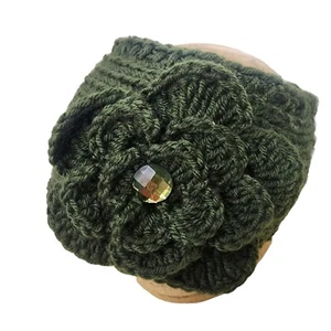 Knit Headband Hat Army Green Jewel Flower Adjustable 90s Vintage - Picture 1 of 7