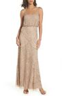 Adrianna Papell Embellished Blouson Gown Dress Sz 10 Taupe Pink