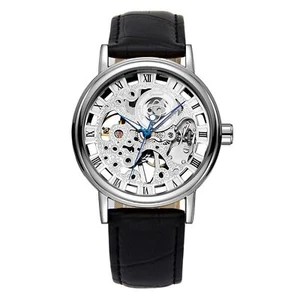 Mens Mechanical Skeleton Steampunk Watches PU Leather Roman Numerals Wrist Watch - Picture 1 of 8