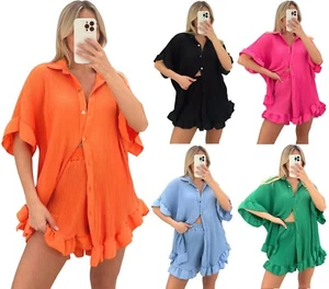 Women's Gold Button Crinkle Pleated Shirt Ladies Shorts Two Piece Co ord Set - Picture 1 of 10