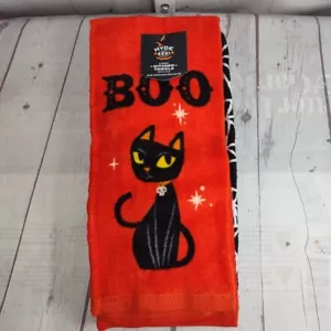 Hyde und Eek! Halloween Küchentücher orange mit schwarzer Katze & schwarz mit Netzen 2 Stück Neu mit Etikett - Bild 1 von 3