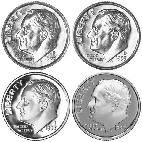 1993 PDSS Roosevelt Dime Year Set Silver & Clad Proof & BU US 4 Coin Lot Cover