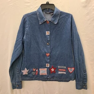 Vintage J GEE Blue Denim Button Shirt womens sz small Embroidered Hearts & Stars - Picture 1 of 10