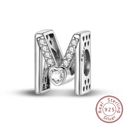 MULA Frauen 925 Sterling Silber Buchstabe M DIY Charm Herz CZ Perlen für Armband - Bild 1 von 4