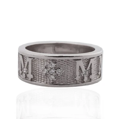 Anello sacro a fascia mm 8 Vergine Maria argento 925 rodiato con zirconi bianchi - Immagine 1 di 4