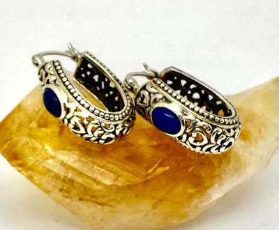 Lapis Lazuli Sterling Silver Oval Hoop Earrings - 1" - Image 1 of 4