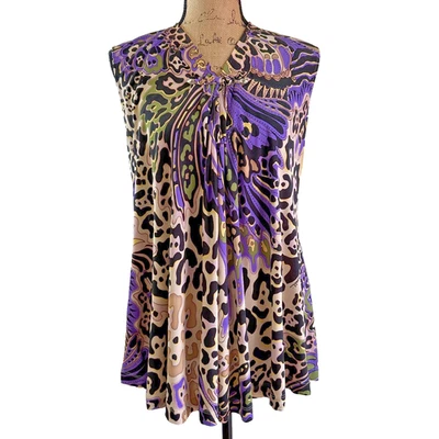Just Cavalli Women's Purple Beige Printed Knit Sleeveless Flowy Top Sz 8 Italy - Image 1 of 4