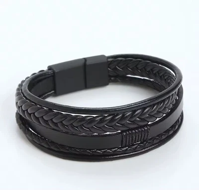 Mens Leather Bracelet Braided Wristband Bangle Punk Beaded Surfer Wrap Boys Gift - Image 1 of 4