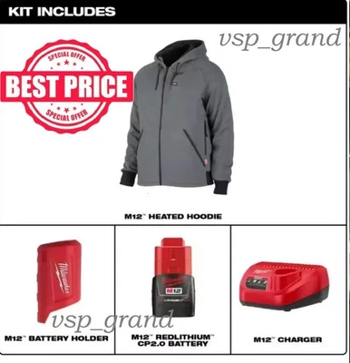 NEW MILWAUKEE MENS 2X-Large M12 GRAY HEATED JACKET HOODIE WITH BATTERY & CHARGER - Image 1 of 4