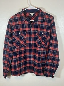 J. Crew Damen 1/4 Reißverschluss Flanellhemd Größe Large marineblau kariert rot orange & weiß - Bild 1 von 4