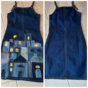 Cityscape Hand Appliqued/embroidered Denim Jumper S Artsy OOAK - Picture 1 of 4