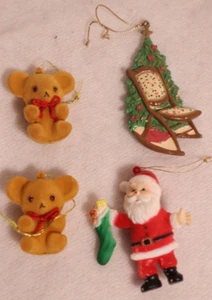 4 Vintage Plastic  & felt Ornaments Santa, Bear & Christmas Tree & Rocking Chair - Picture 1 of 3