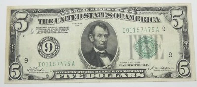 Series 1928 Green Seal $5 FRN Numbered District #9 Minneapolis Nice VF Fr#1950-I - Image 1 of 4