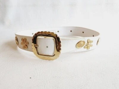 Cinturón EXPRESS Años 90, Tono Dorado Cuero Blanco Flor Tachuelas Redondas Hebilla Vieira M Foto 1 de 4