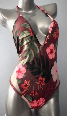 PINK Victoria's Secret Nwt Mesh Plunge Venetian Red Floral One Piece Swim L - Image 1 of 3