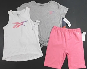 REEBOK Girl 2 Shirts 1 Pair Shorts Pink Gray White Size 12 ACTIVE 3 Pc Set NEW - Picture 1 of 2