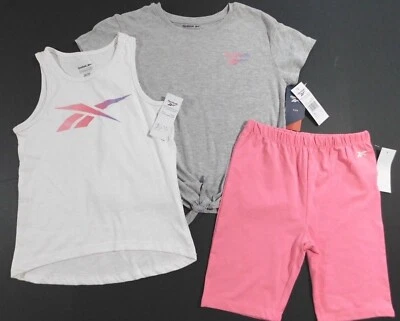 REEBOK Niña 2 Camisas 1 Par Pantalones Cortos Rosa Gris Blanco Talla 12 ACTIVE 3 Piezas Conjunto NUEVO Foto 1 de 2