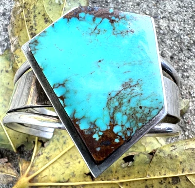 Vintage ABSTRACT MODERNIST TURQUOISE sterling cuff bracelet signed RC 6 3/8" - Image 1 of 4