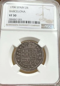 1708 Spain 2 Reales *Barcelona* NGC VF30 Silver 2R Coin - Rare! - Picture 1 of 5