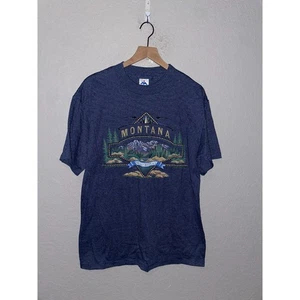 Camisa Montana Azul Vintage Montana Camiseta Gráfica Rayas Montaña Hecha en EE. UU. Años 90 De Colección Grande - Imagen 1 de 11