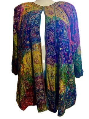 Antiga Judith Ann Wom. 3x Espanador/cardigã de noite de lantejoulas de seda com miçangas coloridas extravagantes - Imagem 1 de 4