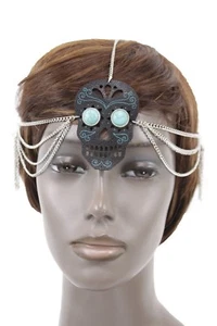 Maschera Di Halloween Con Teschio Nero E Frange Lunghe In Metallo Argento - Foto 1 di 11