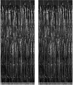 Black Fringe Curtains Backdrops 2 Pack Foil Party Decorations Photo Booth - Picture 1 of 7