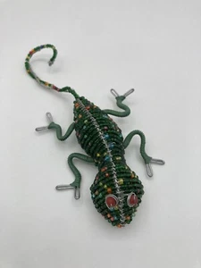 Handgefertigte Gecko Perlen Metall Draht Kunst Figur Skulptur 6,5" Eidechse - Bild 1 von 5