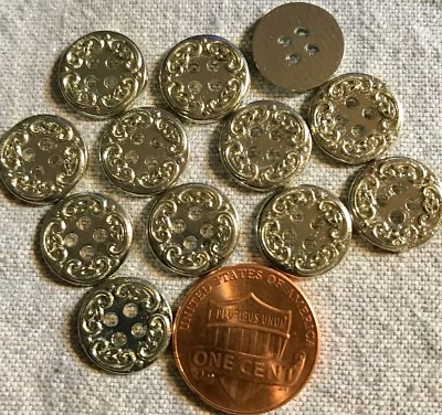 12 Small Shiny Silver Tone Metal Sew-through Buttons 1/2" 13mm Lot # 4304 - Image 1 of 2