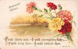 Religious Old Birthday Postcard of Bible Verse & Pretty Carnations by Home Scene