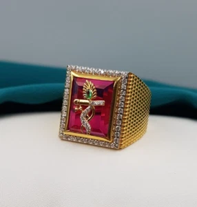 Indian 22K Gold Ring Krishna Design CZ Ruby Stylish Heavy Look Solid Gold Ring - Picture 1 of 7