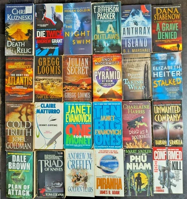LARGE BULK PAPERBACK BOOK LOT OF 24 MYSTERY THRILLER CRIME SUSPENSE MIX Foto 1 de 4