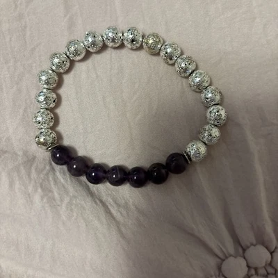 Genuine Amethyst and Silver Plated Gemstone Beaded Bracelet - Image 1 of 3