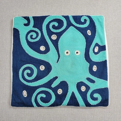 Funda de Almohada Pottery Barn Niños 16x16 Azul Cuentas Pulpo Bordado Algodón Cuadrado Foto 1 de 4