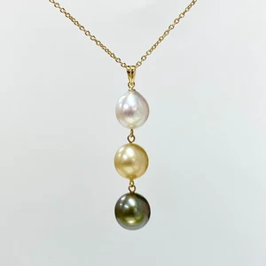 9-9,8 mm multicolor 3 perlas colgante de gota, oro amarillo sólido de 18 quil... - Imagen 1 de 10