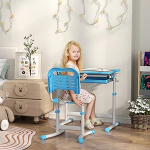 Qaba Height Adjustable Kids Desk and Chairs Set with Tilt Desktop - Picture 1 of 34